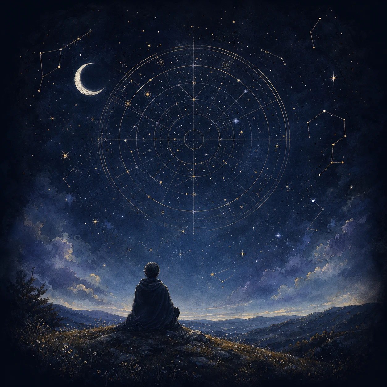 A stargazer beneath a moonlit sky and a precise golden birth-chart wheel